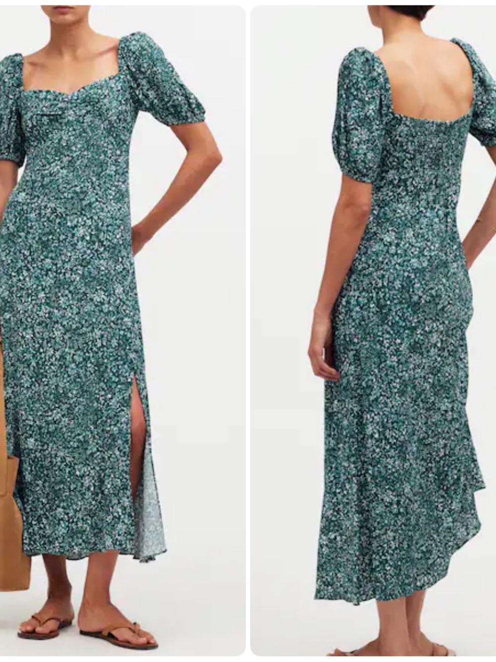 Madewell Puff-Sleeve Sweetheart Midi Dress in Green Ditsy Floral
